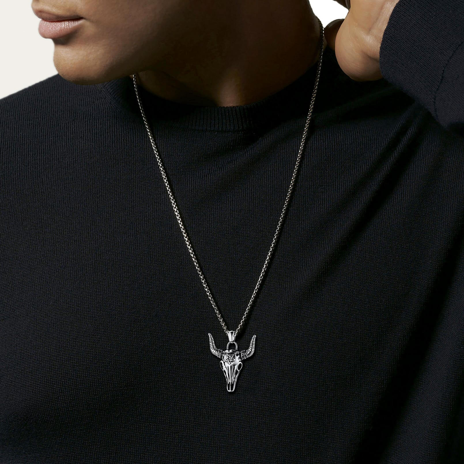 FaithHeart Satanic Bull Skull Necklace with Invert Pentagram for Men FaithHeart