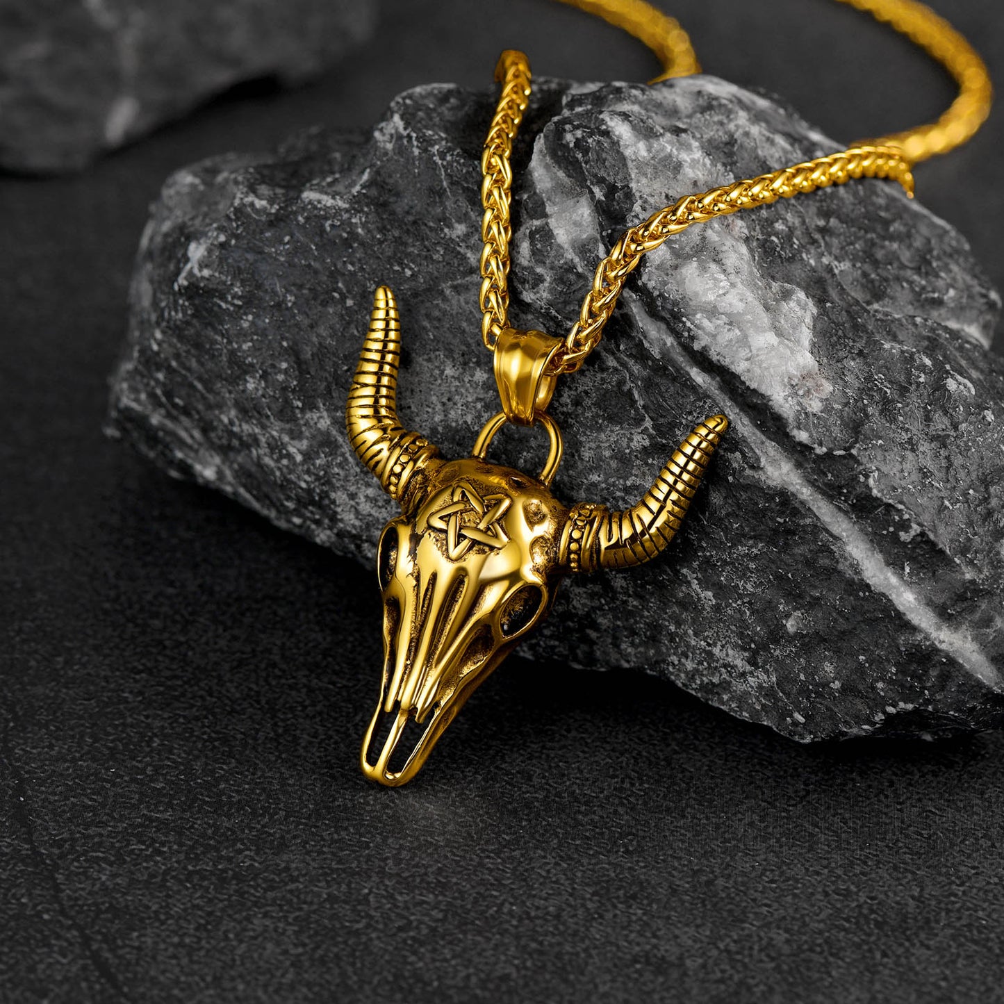 FaithHeart Satanic Bull Skull Necklace with Invert Pentagram for Men FaithHeart