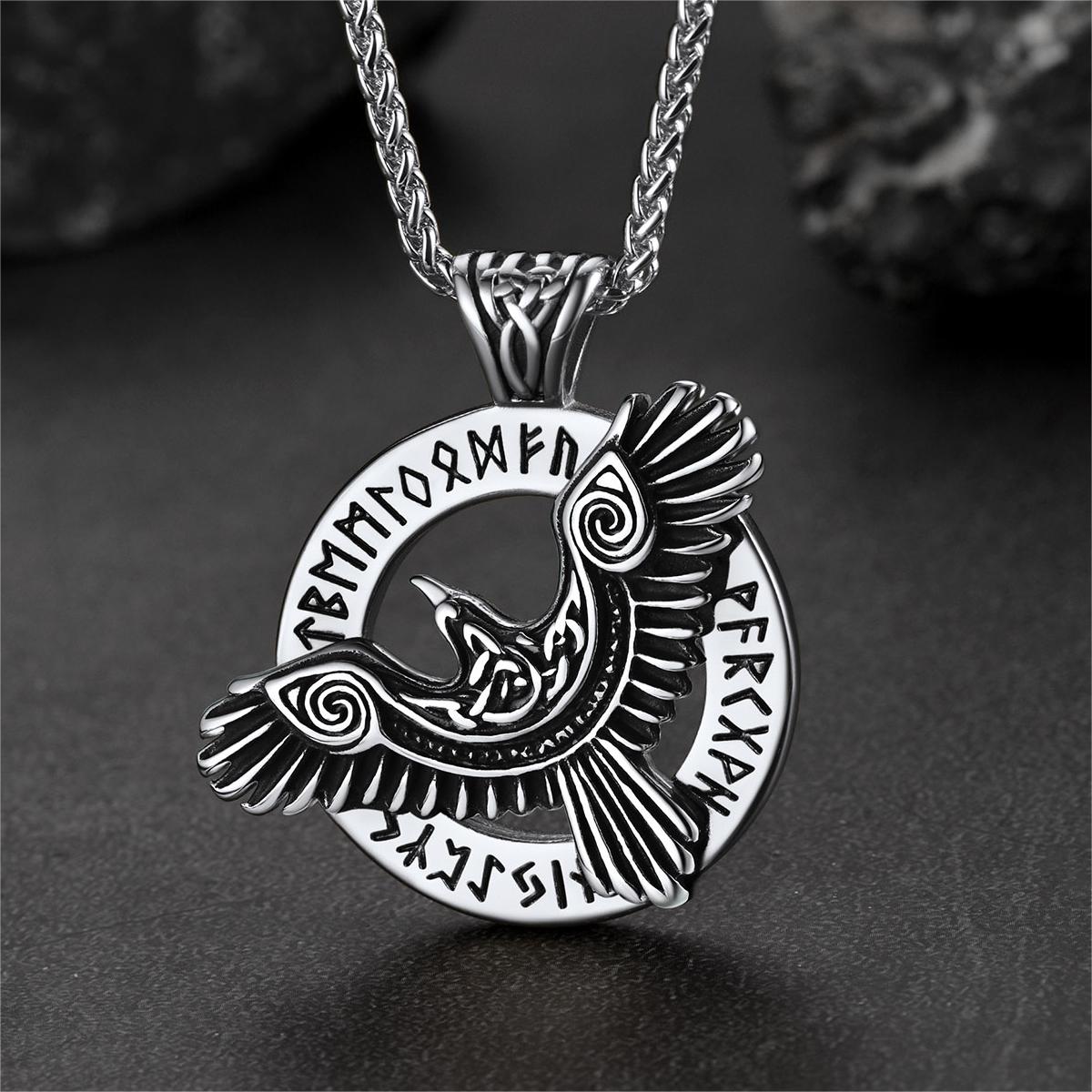 FaithHeart Viking Odin's Raven Necklace For Men With Runes FaithHeart