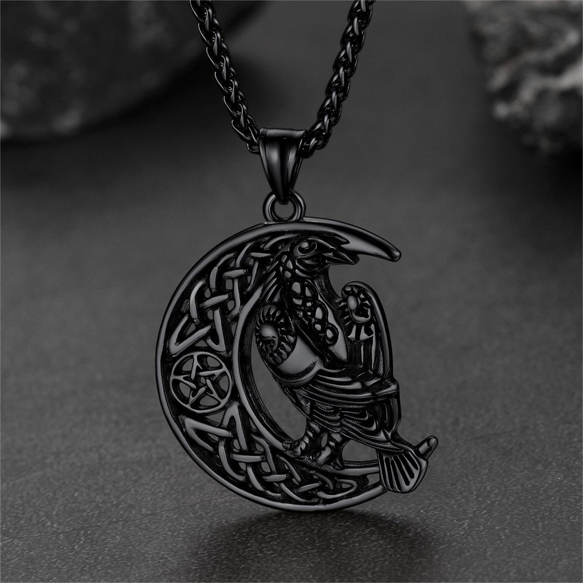 FaithHeart Viking Celtic Crescent Moon Necklace With Odin Raven FaithHeart