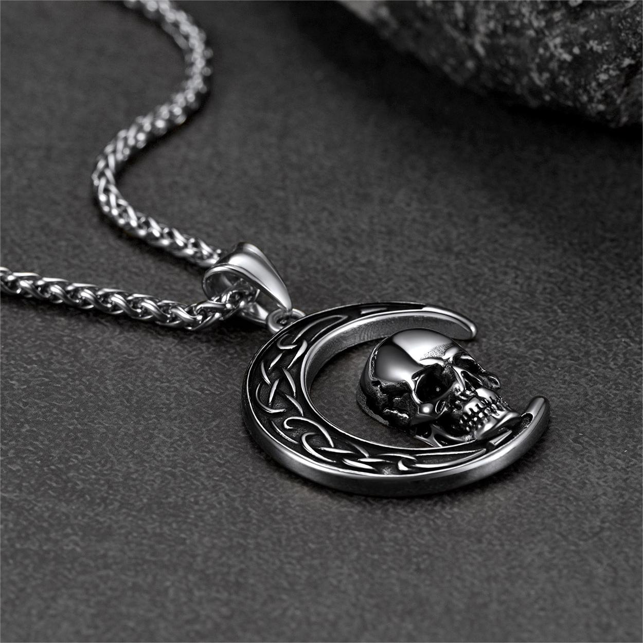 FaithHeart Celtic Crescent Moon Skull Necklace For Men FaithHeart