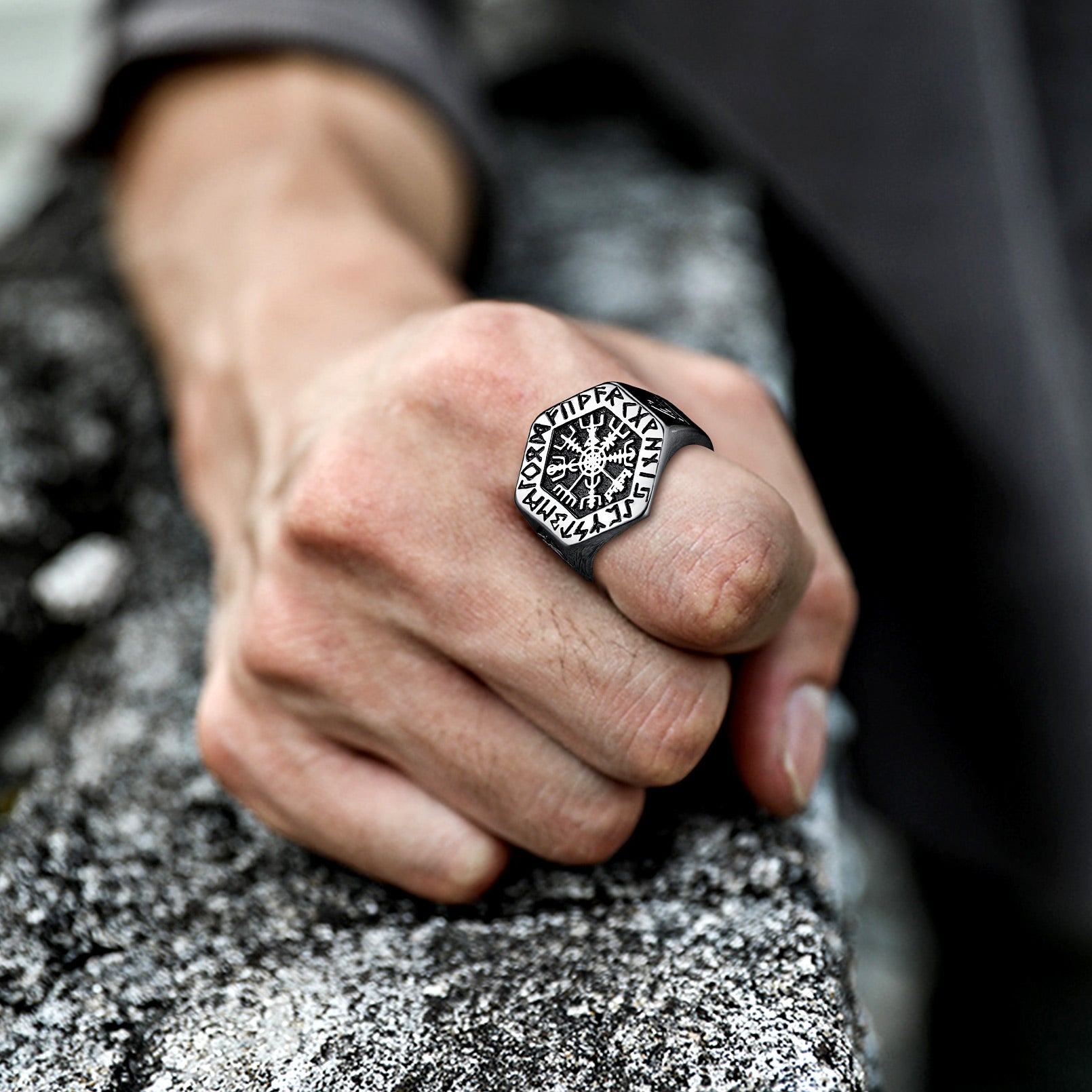 FaithHeart Viking Hexagon Compass Ring With Runes For Men FaithHeart