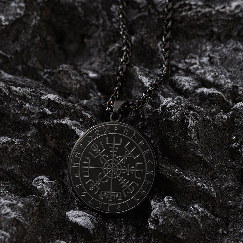 FaithHeart Norse Viking Compass Coin Necklace For Men With Runes FaithHeart