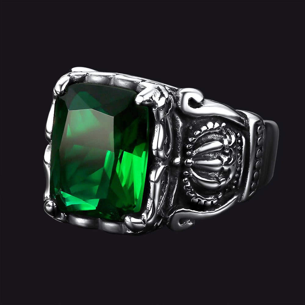 FaithHeart Vintage Crystal Crown Green Emerald Ring For Men FaithHeart