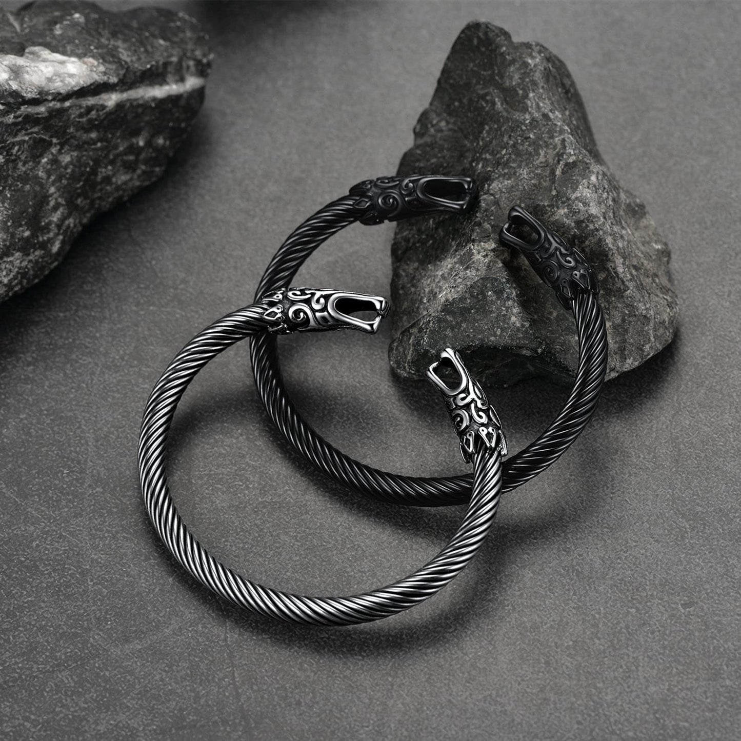 FaithHeart Viking Norse Wolf Heads Bangle Bracelet For Men FaithHeart