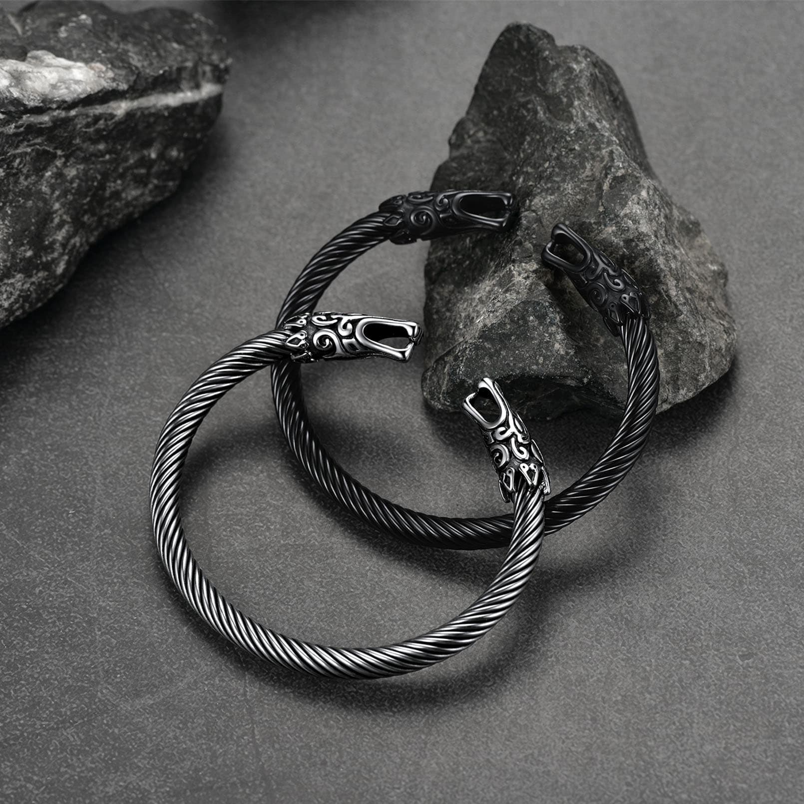 FaithHeart Viking Norse Wolf Heads Bangle Bracelet For Men FaithHeart