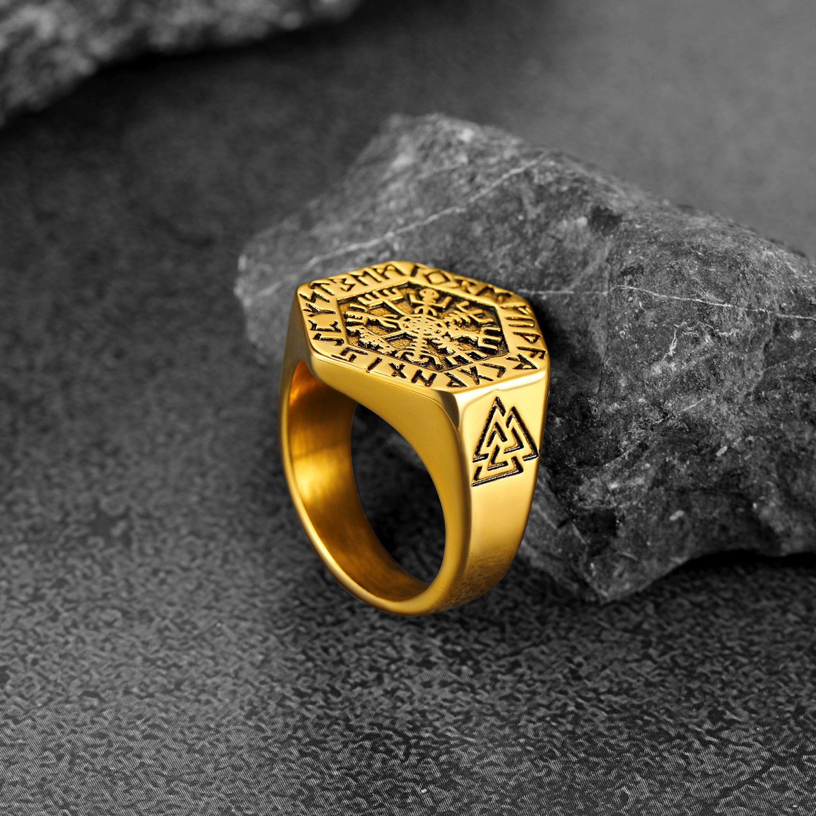 FaithHeart Viking Hexagon Compass Ring With Runes For Men FaithHeart