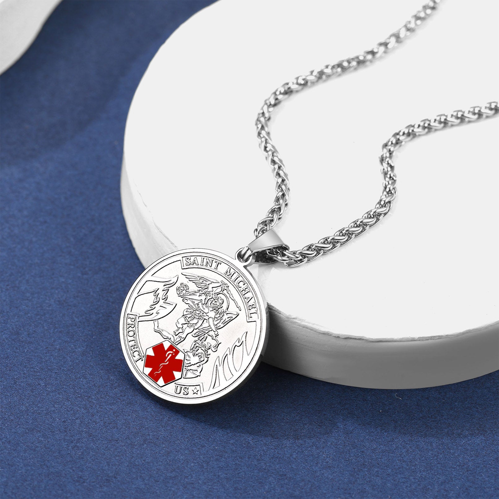 FaithHeart Custom Saint Michael Medical Alert ID Pendant Necklace Military FaithHeart