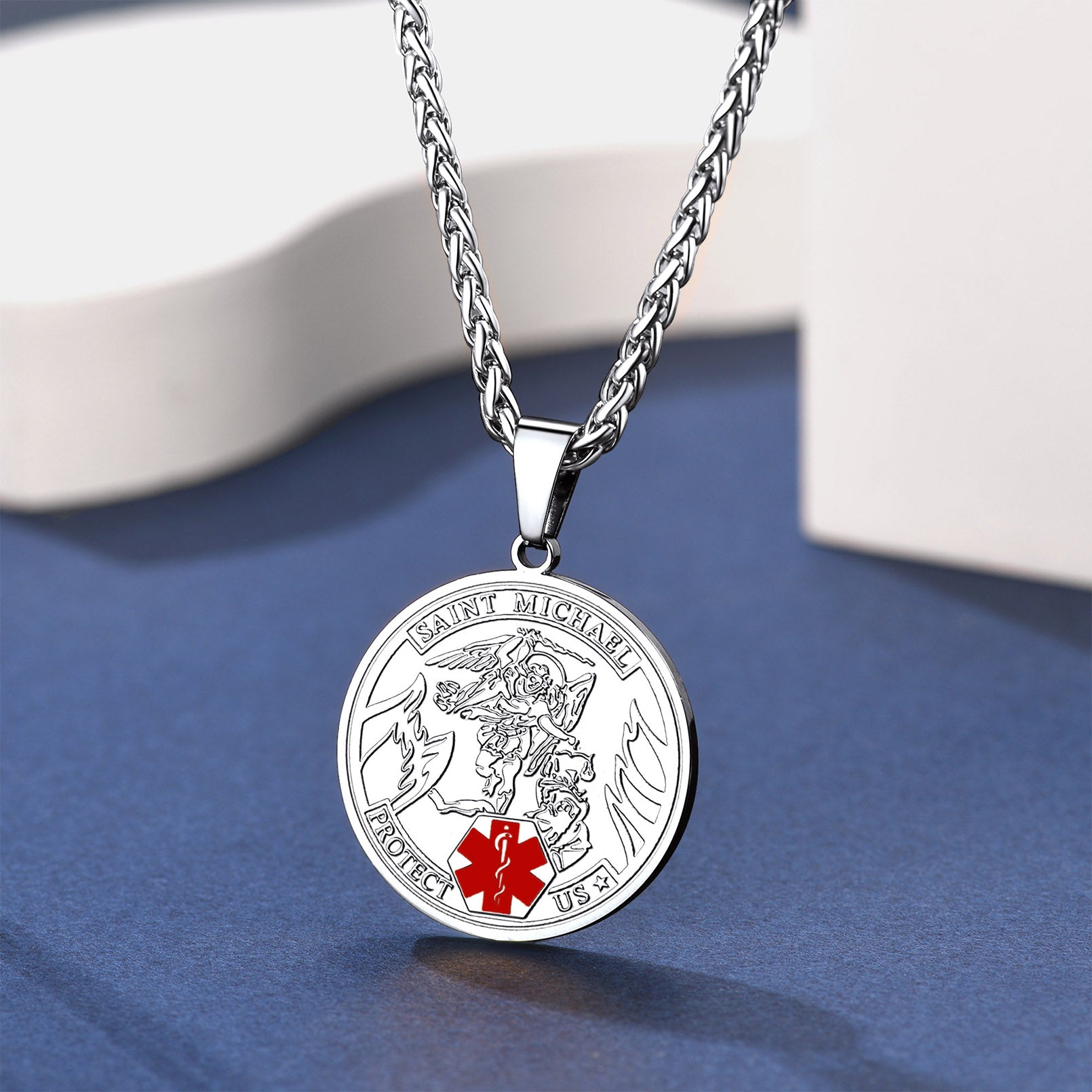 FaithHeart Custom Saint Michael Medical Alert ID Pendant Necklace Military FaithHeart