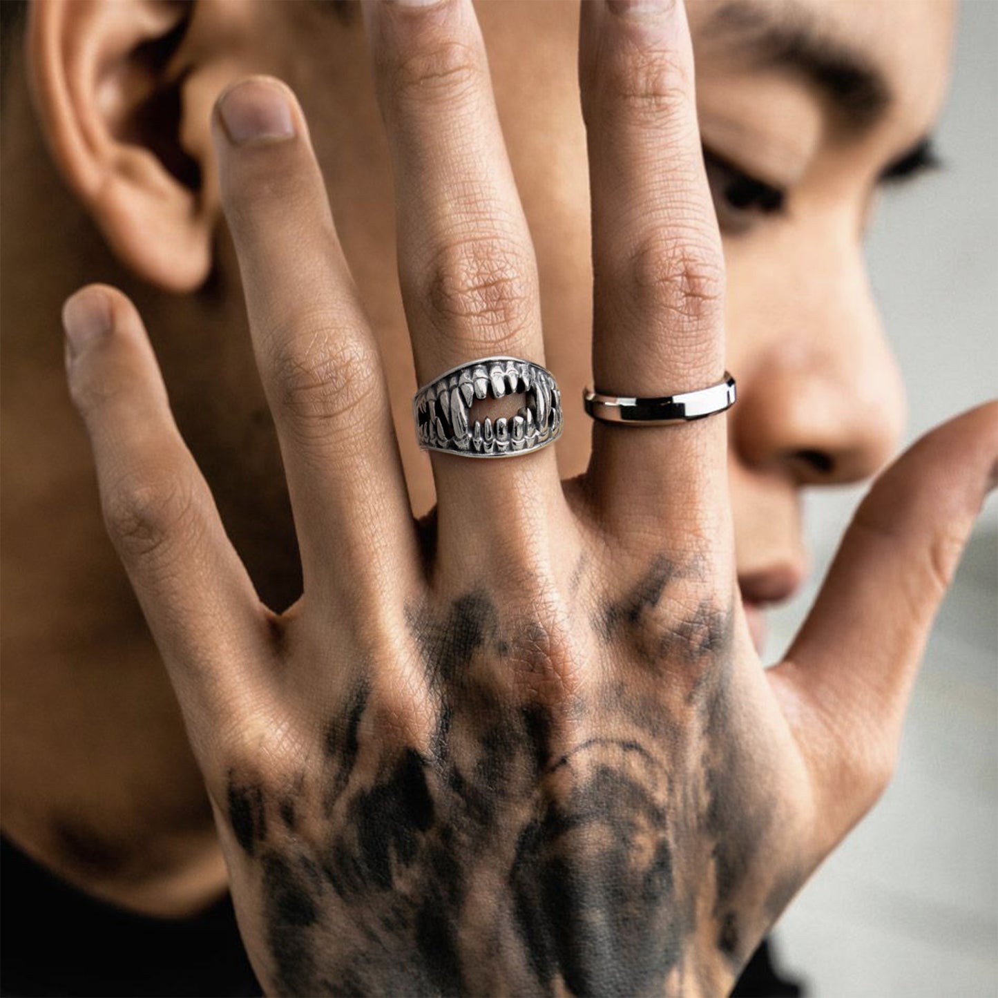 FaithHeart Gothic Punk Vampire Fang Teeth Ring For Men FaithHeart