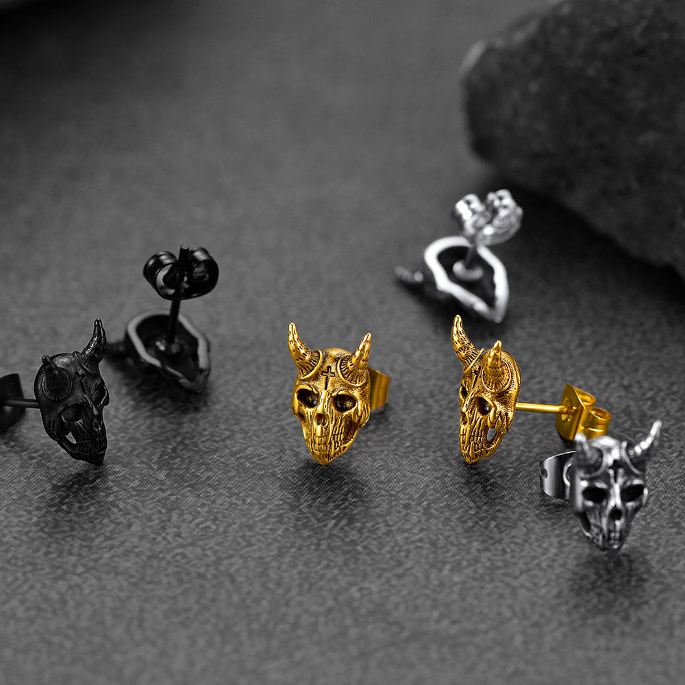 FaithHeart Satanic Goat Skull Stud Earrings For Men FaithHeart