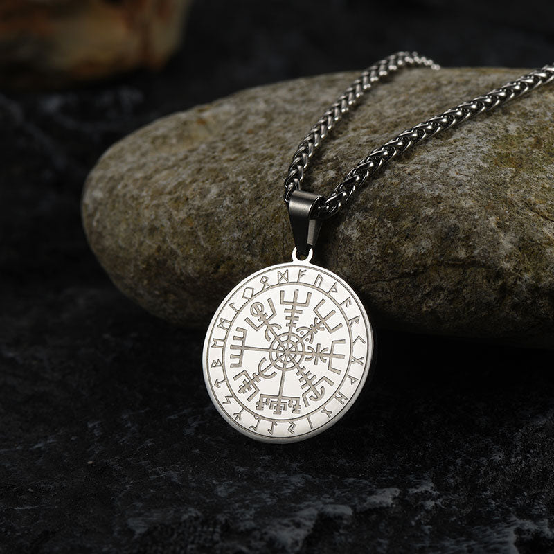 FaithHeart Norse Viking Compass Coin Necklace For Men With Runes FaithHeart