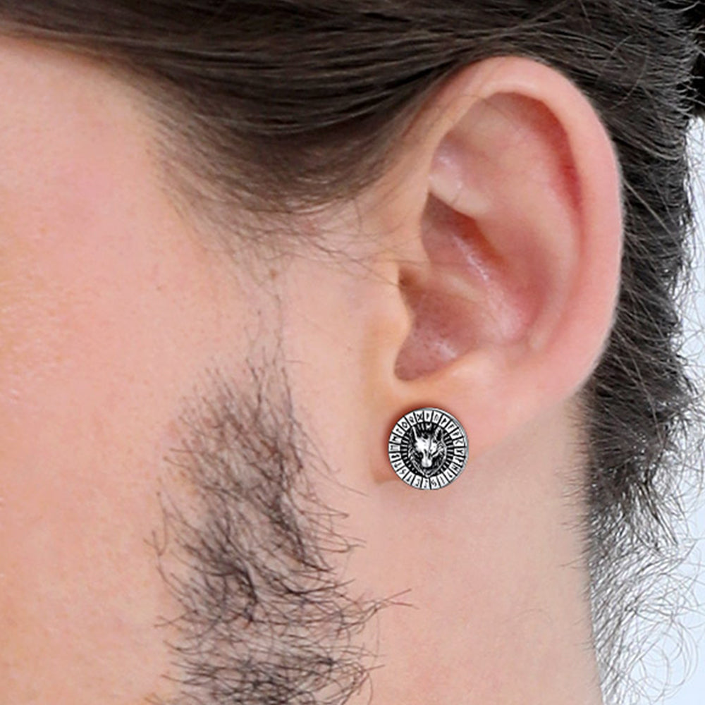 FaithHeart Viking Wolf Head Stud Earrings with Runes For Men FaithHeart