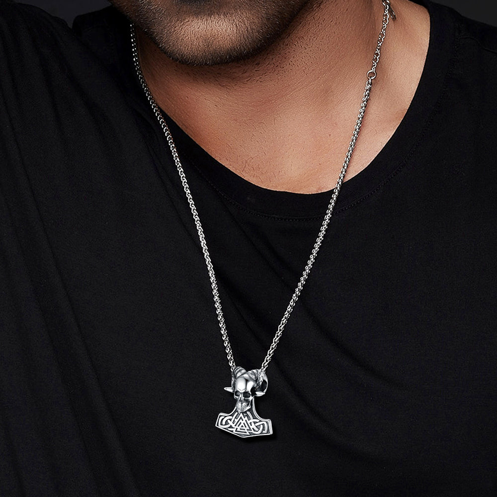 FaithHeart Viking Thor's Hammer Skull Necklace Pendant for Men FaithHeart