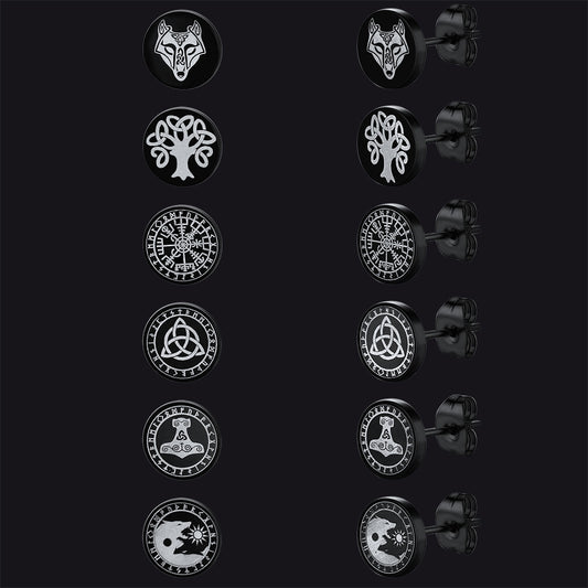 FaithHeart Viking Black Stud Earrings Set For Men 6 Pairs FaithHeartimg