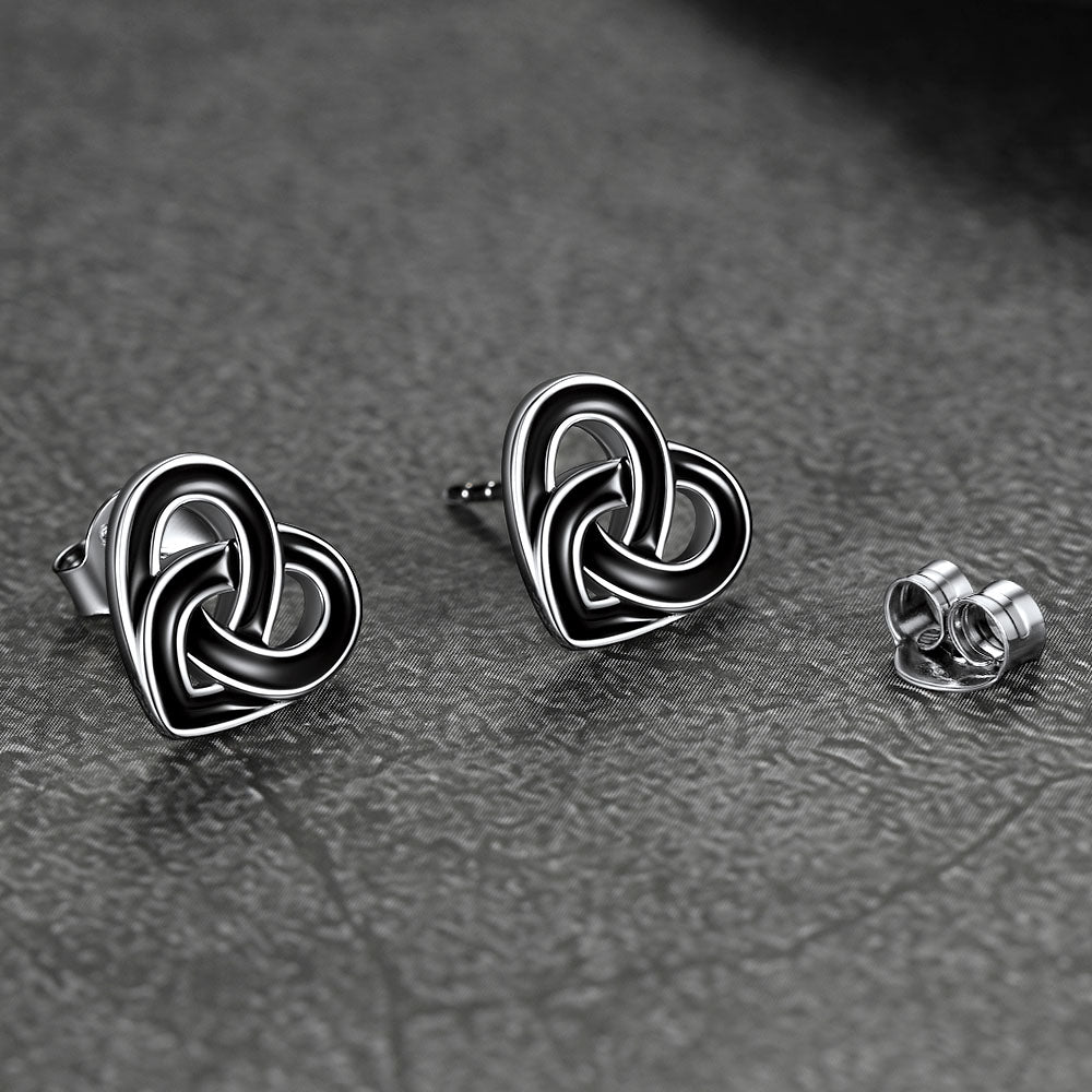 FaithHeart Black Heart Stud Earrings Celtic Knot Studs in Sterling Silver FaithHeart