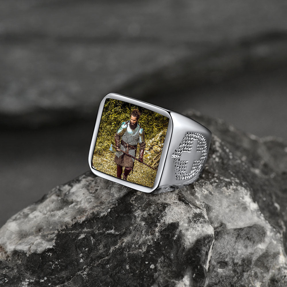 FaithHeart Custom Engraved Cross Signet Ring With Photo for Men FaithHeart