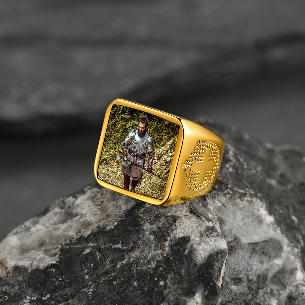 FaithHeart Custom Engraved Cross Signet Ring With Photo for Men FaithHeart