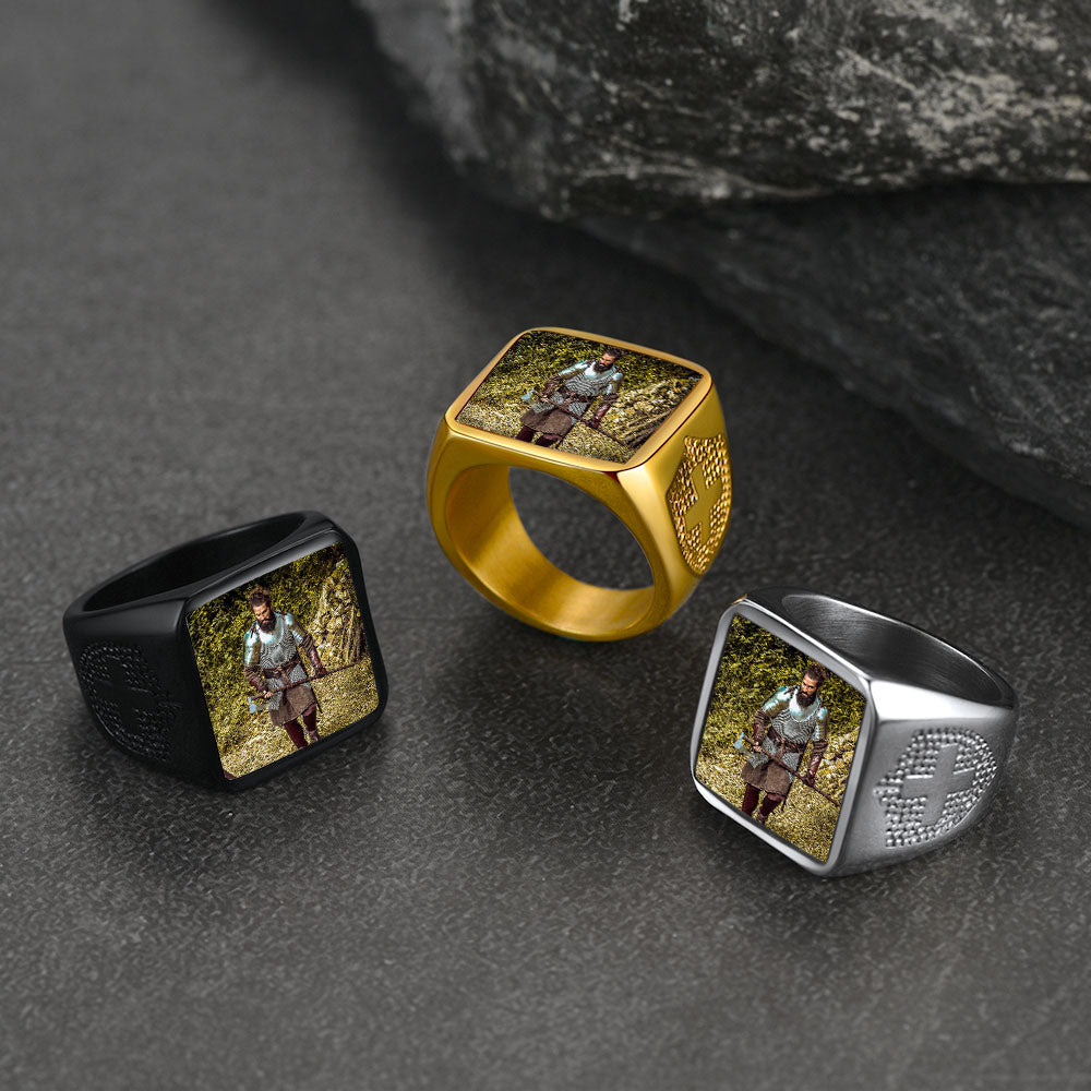 FaithHeart Custom Engraved Cross Signet Ring With Photo for Men FaithHeart