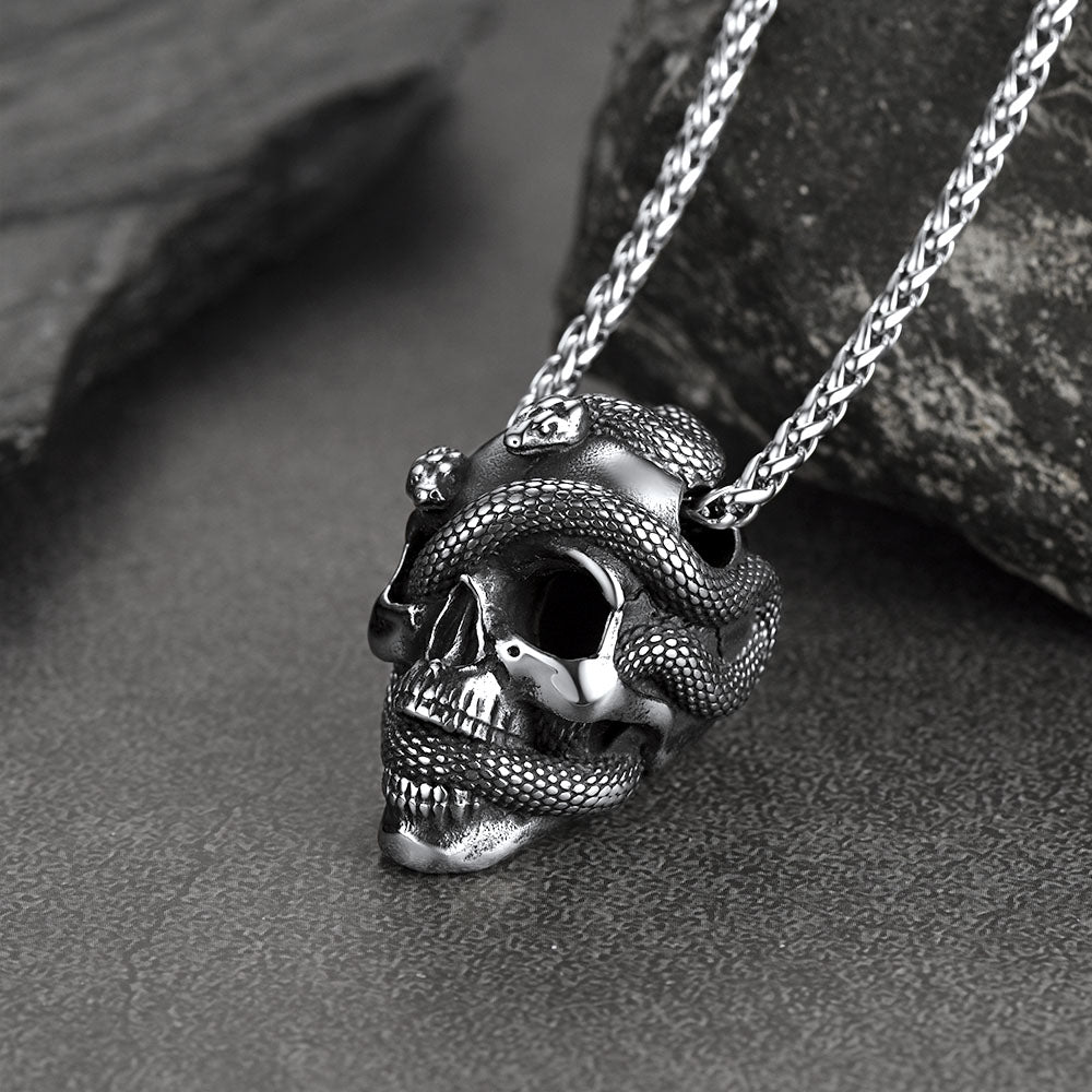 FaithHeart Snake Skull Pendant Necklace Stainless Steel Gothic Jewelry FaithHeart