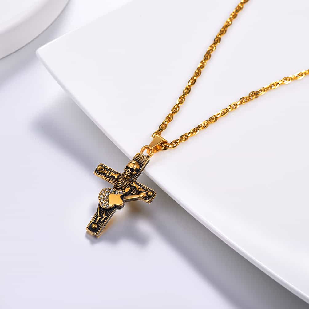 FaithHeart Punk Skull Guitar Cross Necklace for Men FaithHeart