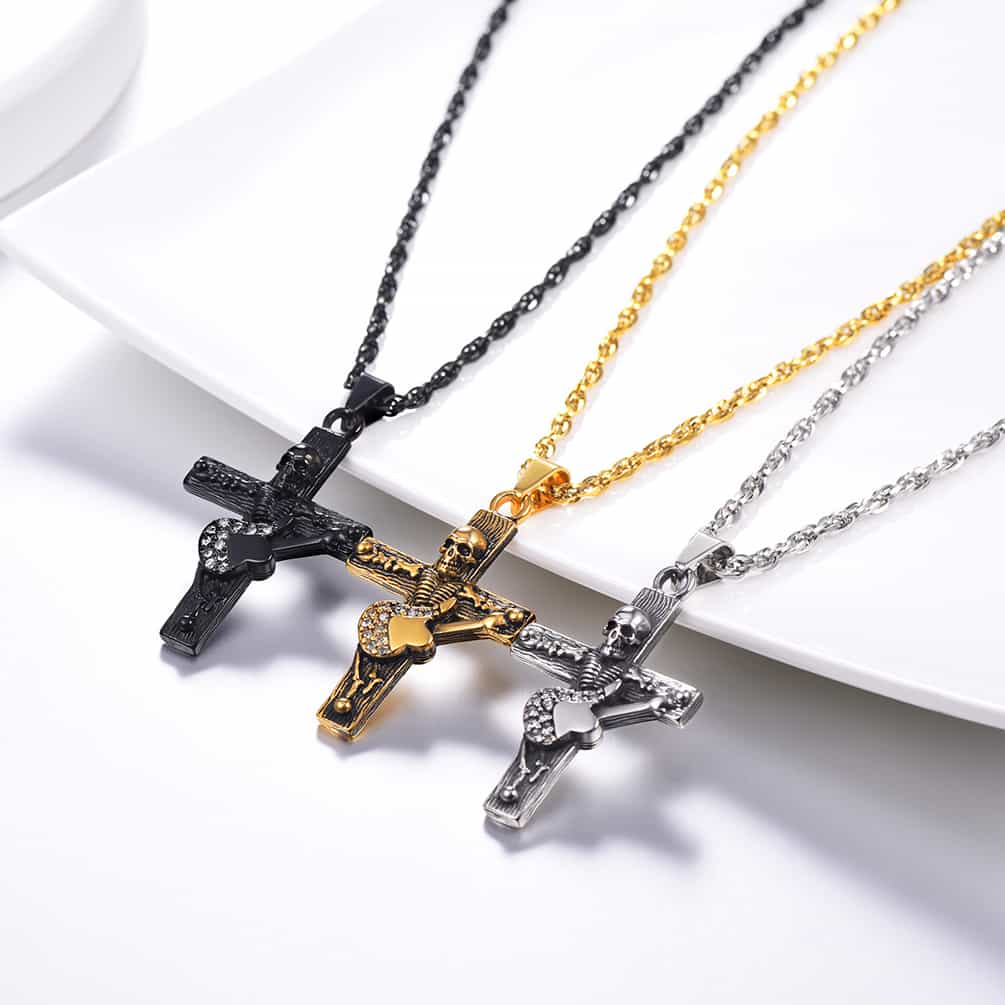 FaithHeart Punk Skull Guitar Cross Necklace for Men FaithHeart