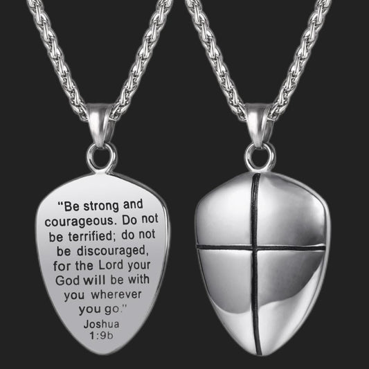 FaithHeart Christian Shield Joshua 1:9 Cross Necklace For Men FaithHeartimg