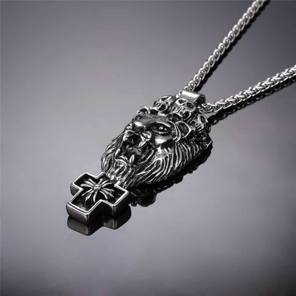 FaithHeart Lion Cross Necklace Lion Skull Necklace For Men FaithHeart