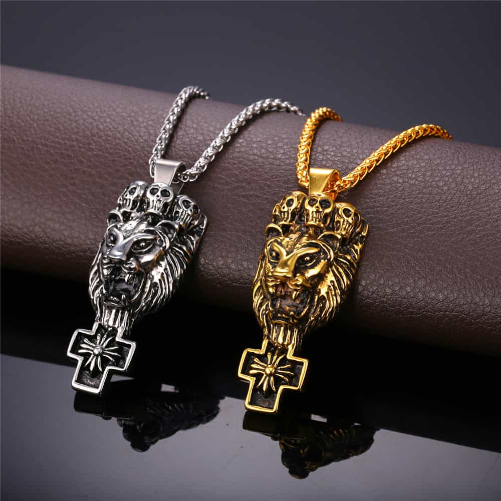 FaithHeart Lion Cross Necklace Lion Skull Necklace For Men FaithHeart