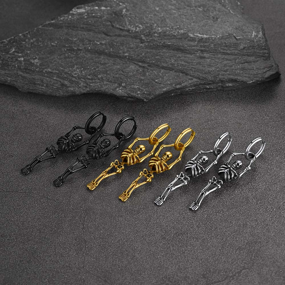 FaithHeart Gothic Skull Skeleton Dangle Earrings Stainless Steel for Men FaithHeart