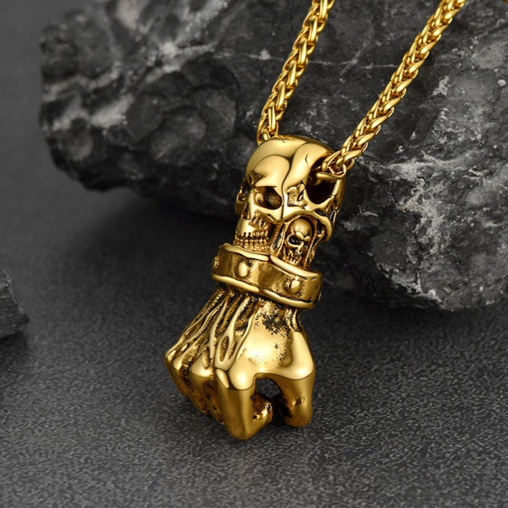 FaithHeart Skull Fist Pendant Necklace Stainless Steel Vintage Gothic Necklace FaithHeart