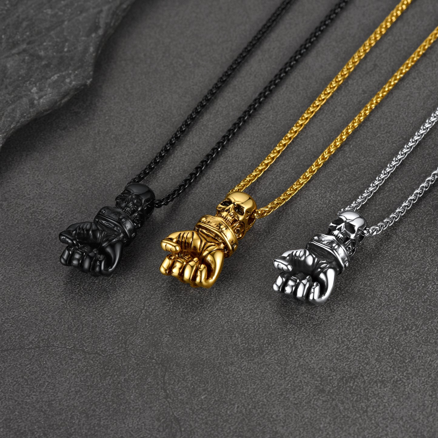 FaithHeart Skull Fist Pendant Necklace Stainless Steel Vintage Gothic Necklace FaithHeart