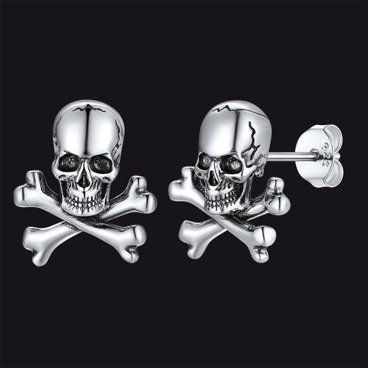 FaithHeart Sterling Silver Skull Stud Earrings with Pirate Crossbones For Men FaithHeart