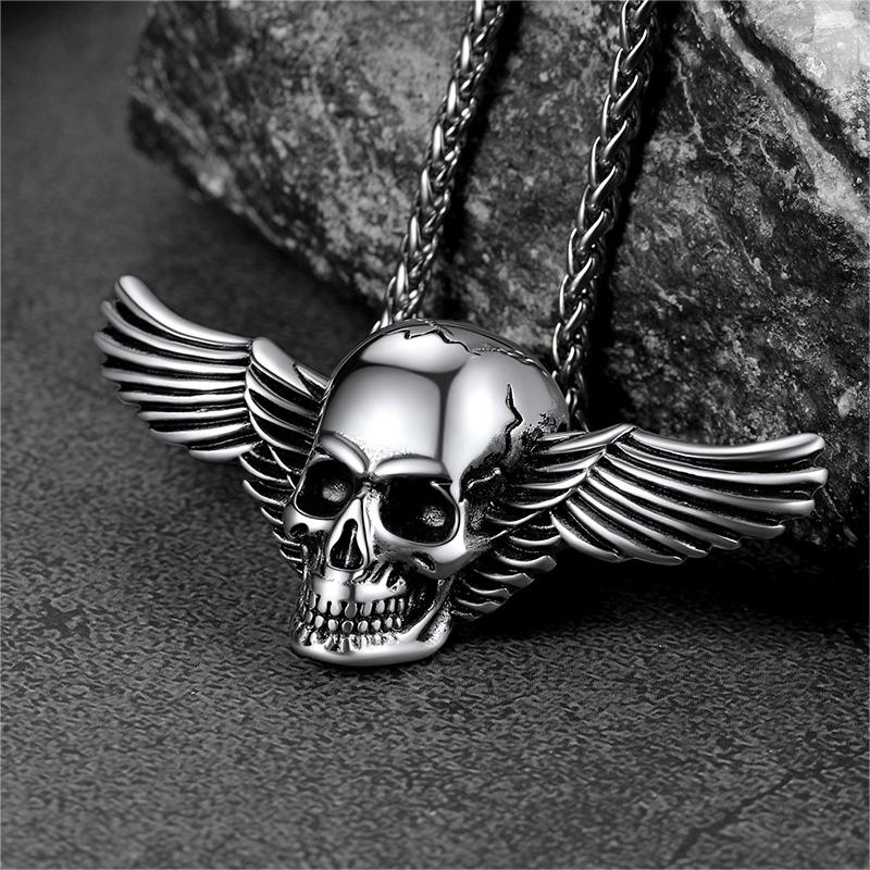 FaithHeart Gothic Skull Necklace With Wing For Men FaithHeart
