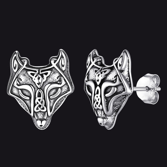 FaithHeart Sterling Silver Viking Celtic Wolf Stud Earrings For Men FaithHeart