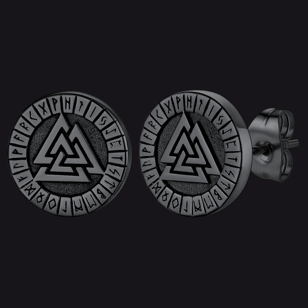 FaithHeart Viking Valknut Black Stud Earrings For Men With Runes FaithHeart