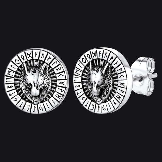 FaithHeart Viking Wolf Head Stud Earrings with Runes For Men FaithHeartimg