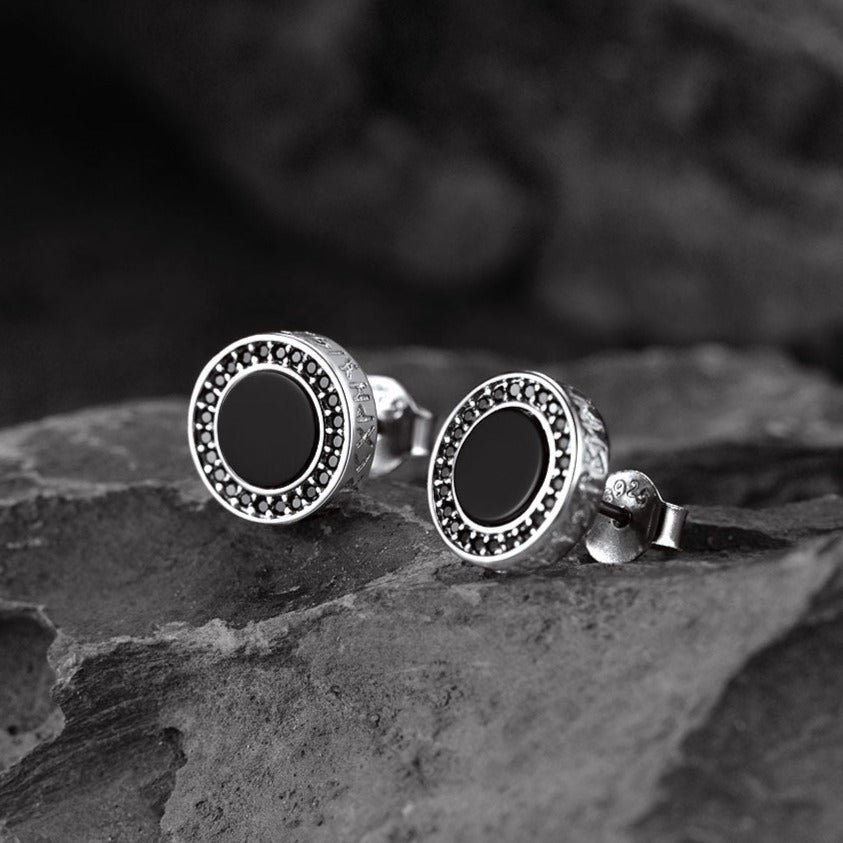 FaithHeart Round Viking Rune Black Onyx Earrings in Sterling Silver FaithHeart