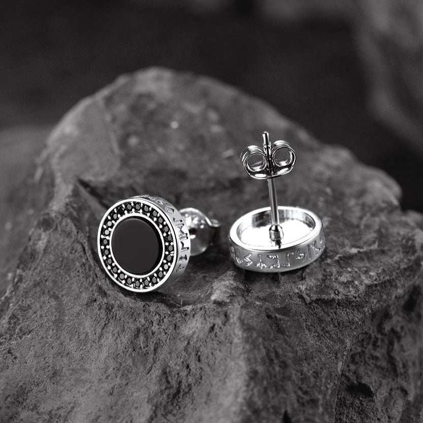 FaithHeart Round Viking Rune Black Onyx Earrings in Sterling Silver FaithHeart