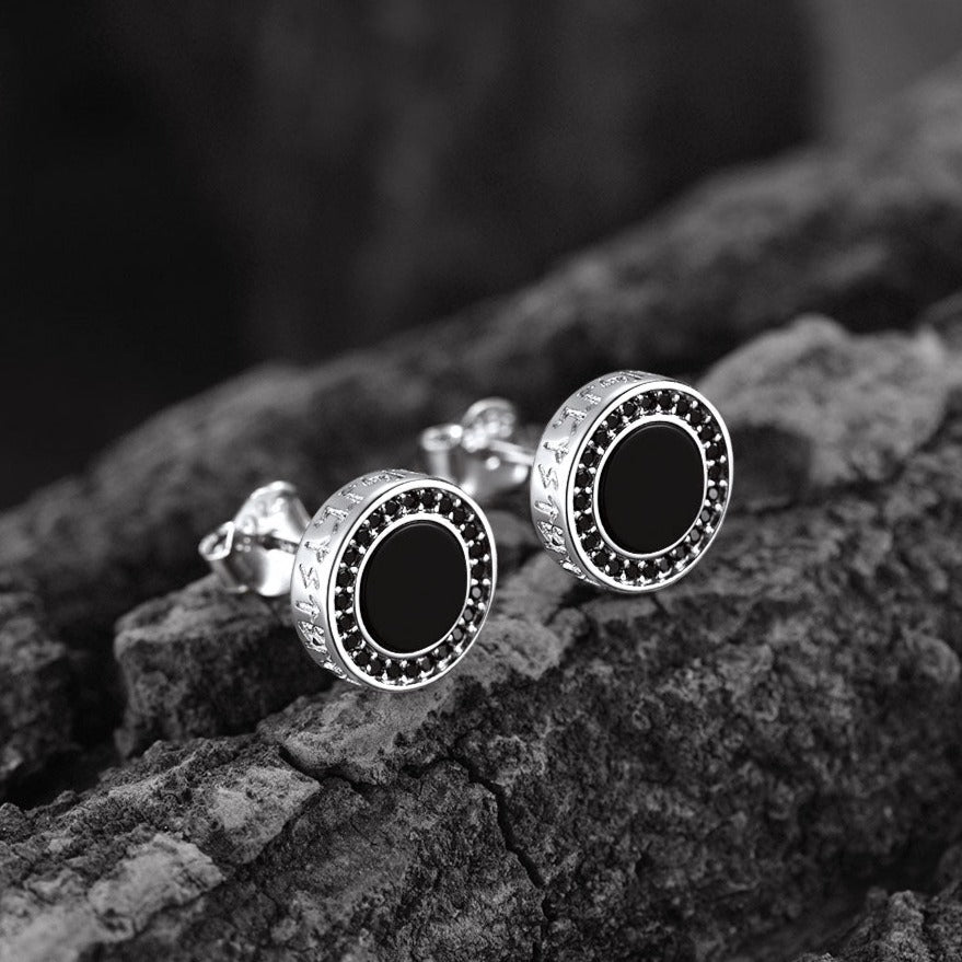 FaithHeart Round Viking Rune Black Onyx Earrings in Sterling Silver FaithHeart