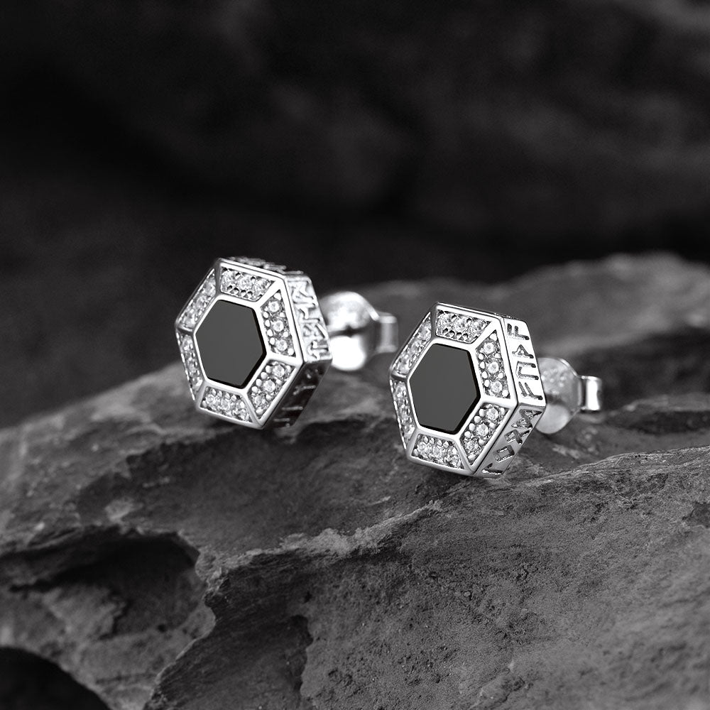 FaithHeart Viking Rune Hexagon Black Onyx Stud Earrings for Men FaithHeart