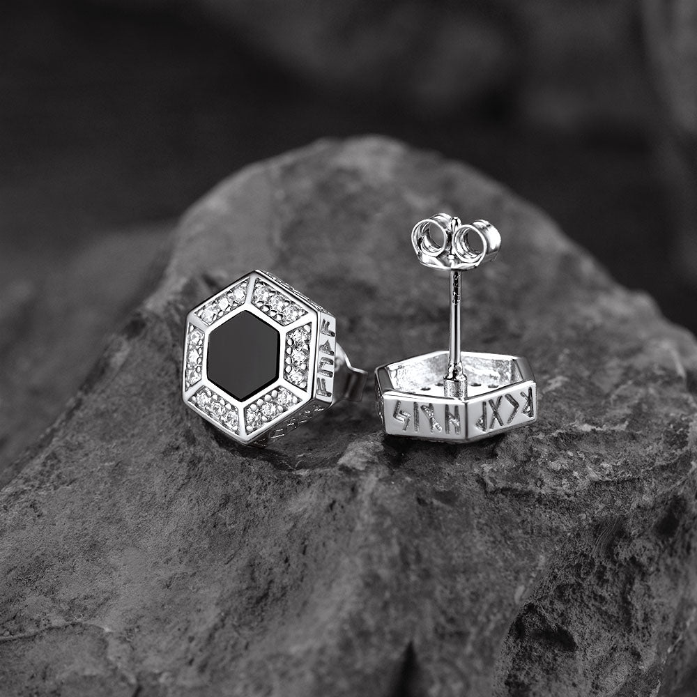 FaithHeart Viking Rune Hexagon Black Onyx Stud Earrings for Men FaithHeart