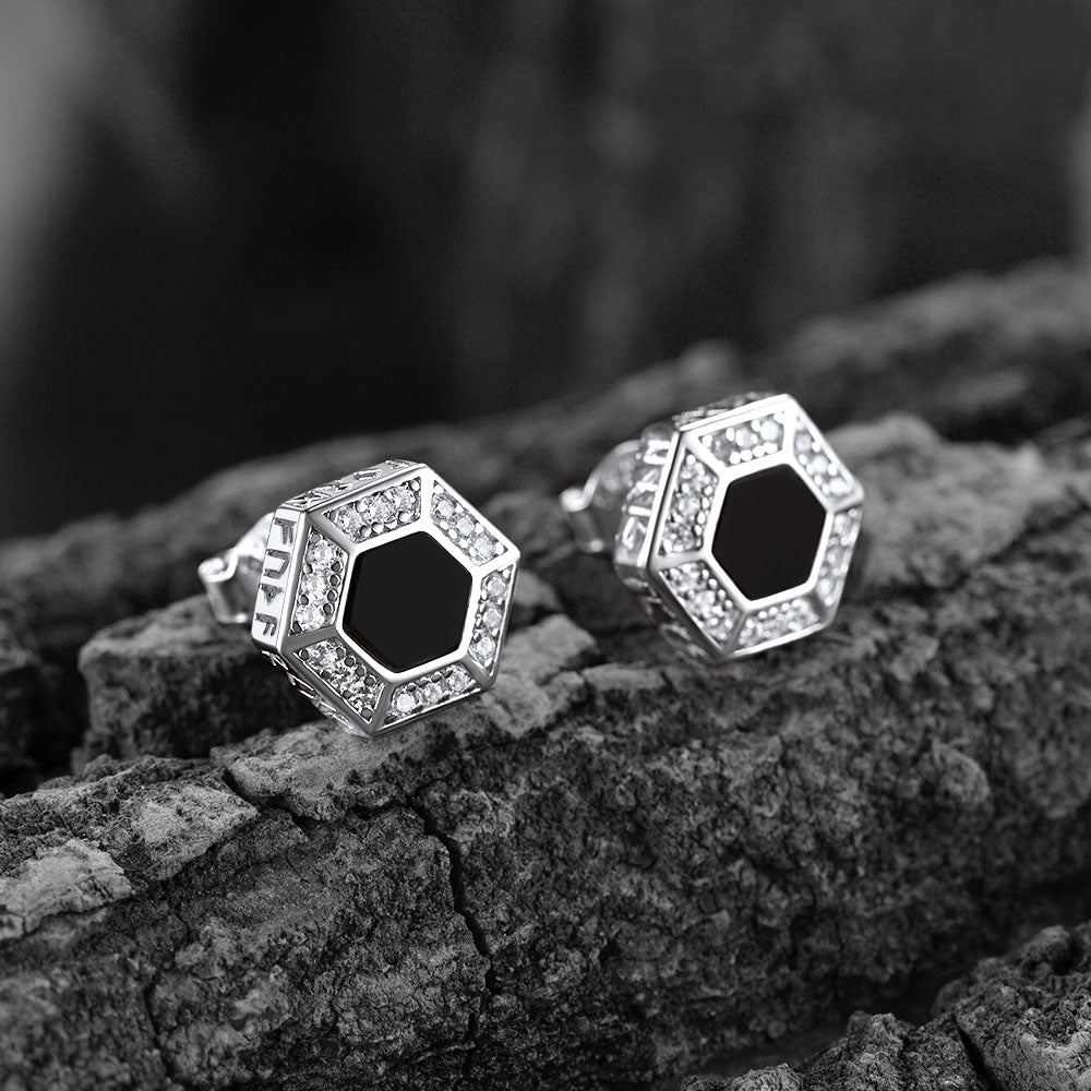 FaithHeart Viking Rune Hexagon Black Onyx Stud Earrings for Men FaithHeart