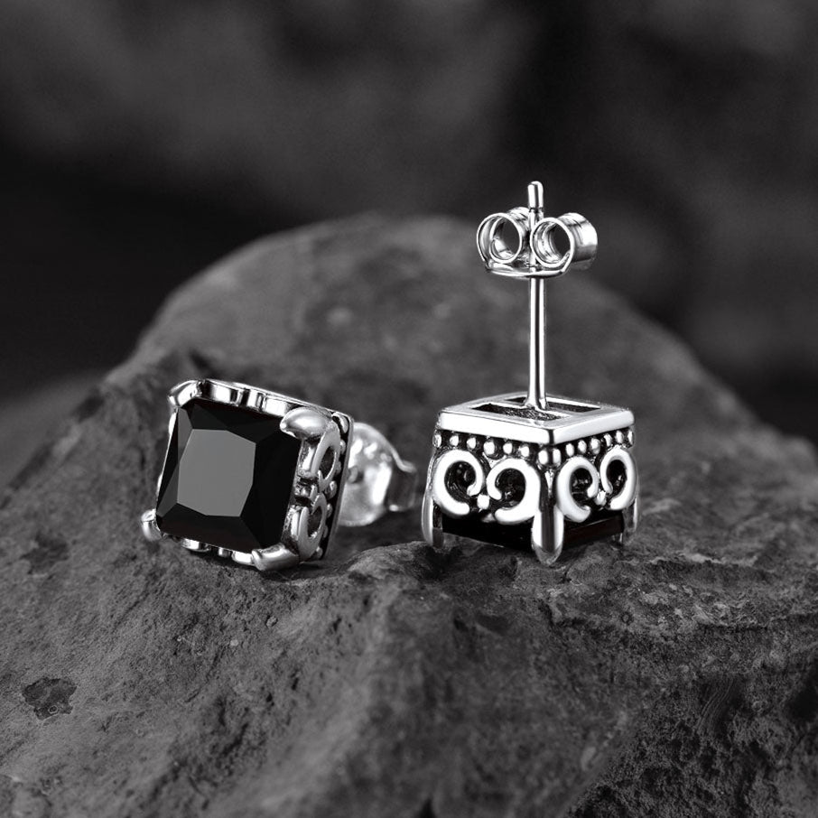FaithHeart S925 Black Celtic Gemstone Stud Earrings for Men FaithHeart