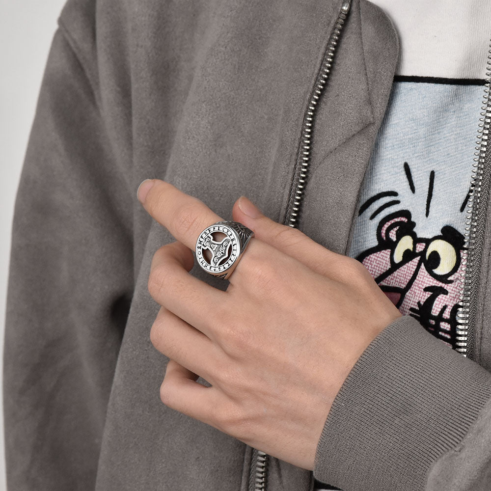 FaithHeart Viking Thor's Hammer Ring with Runes for Men FaithHeart