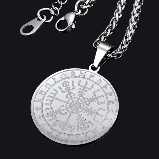 FaithHeart Norse Viking Compass Coin Necklace For Men With Runes FaithHeart