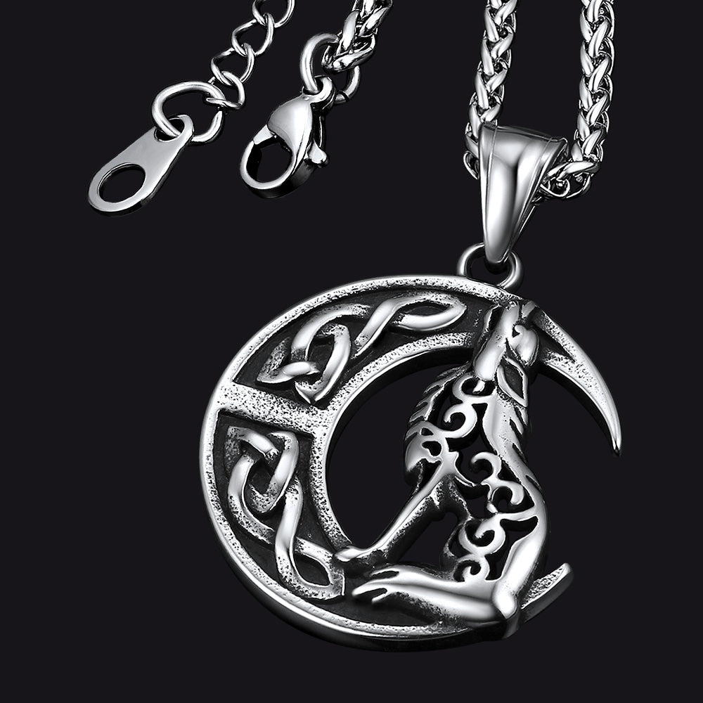 Viking Wolf Necklace for Men Crescent Moon Pendant – FaithHeart