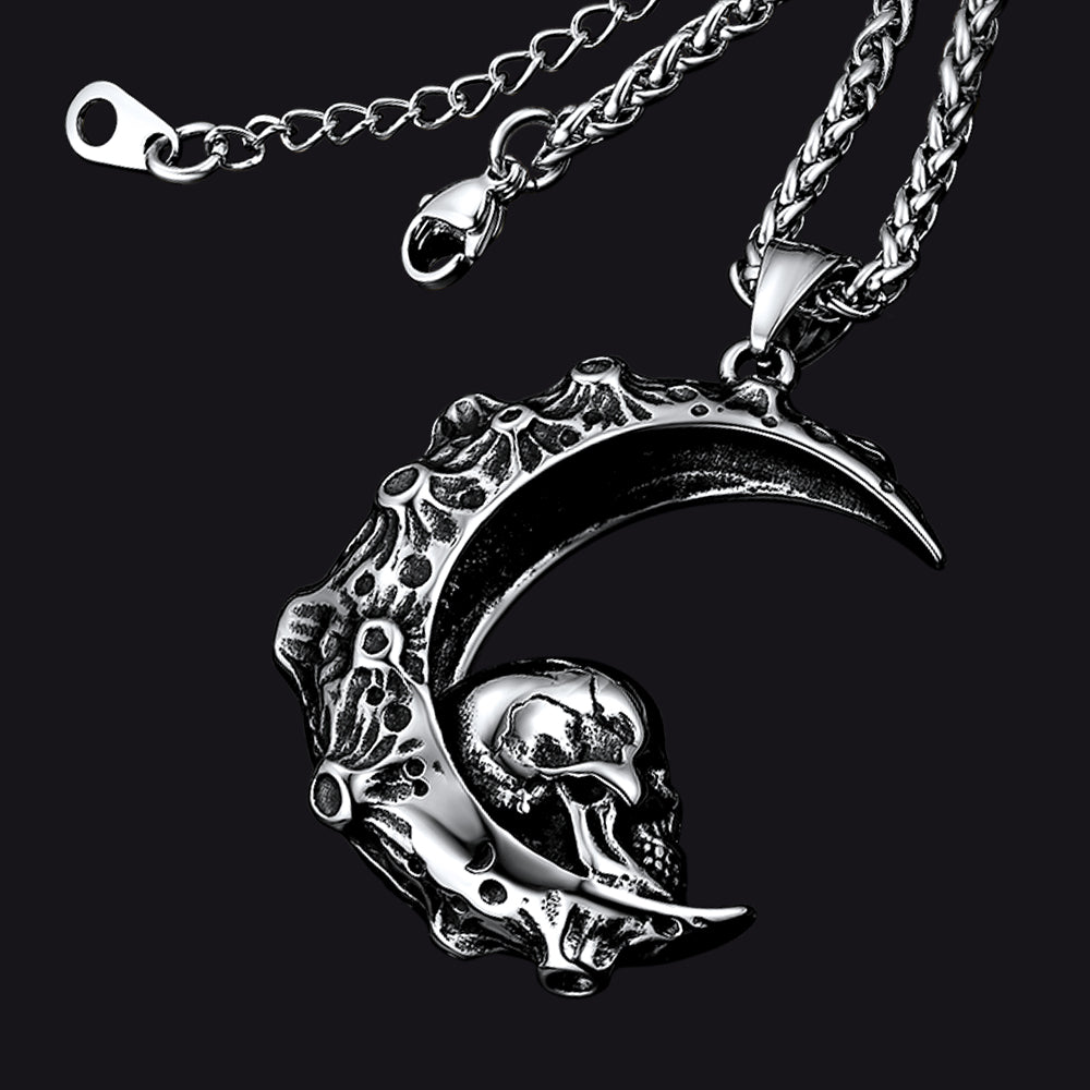 FaithHeart Crescent Moon Skull Necklace Stainless Steel Pendant for Men FaithHeart