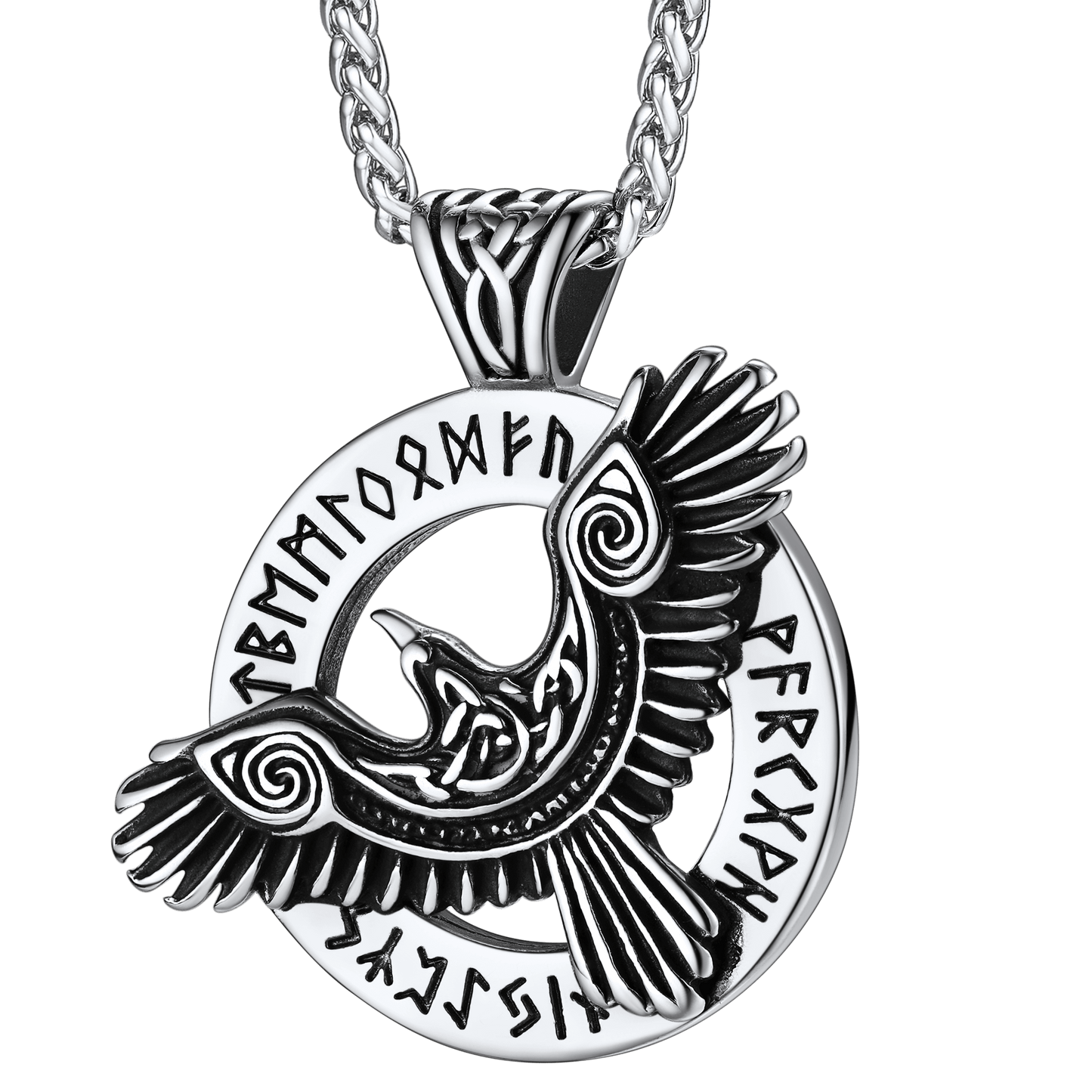 FaithHeart Viking Odin's Raven Necklace For Men With Runes FaithHeart