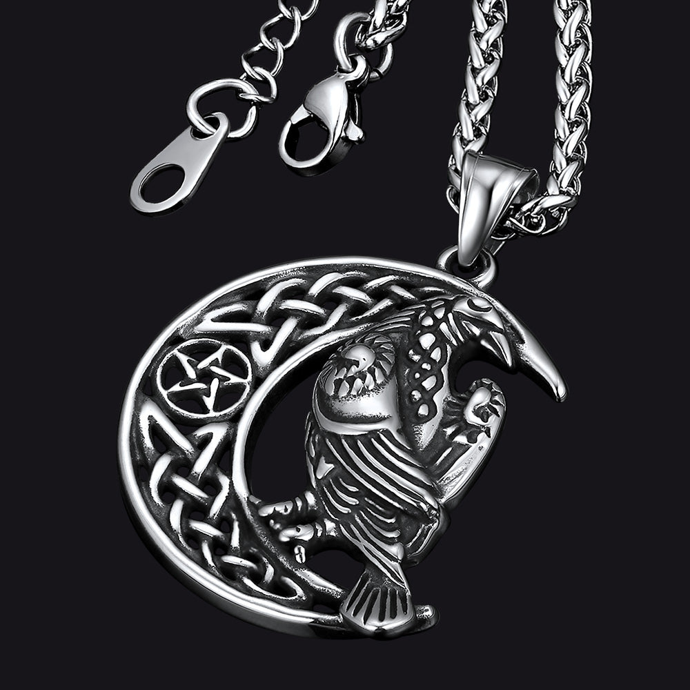 Collier Viking Celtique Odin Corbeau Croissant de Lune pour Homme